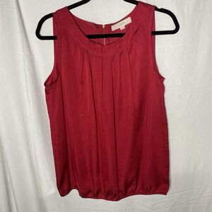 LOFT Blouse Sleeveless Pleated Neckline Bubble Hem Gold Zipper Back Womens M Red